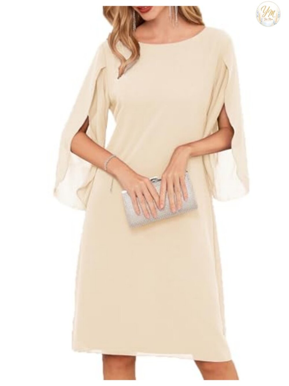 Women's Chiffon Formal Cocktail Dress Crew Neck 3/4 Sleeve V-Back Wedding Guest